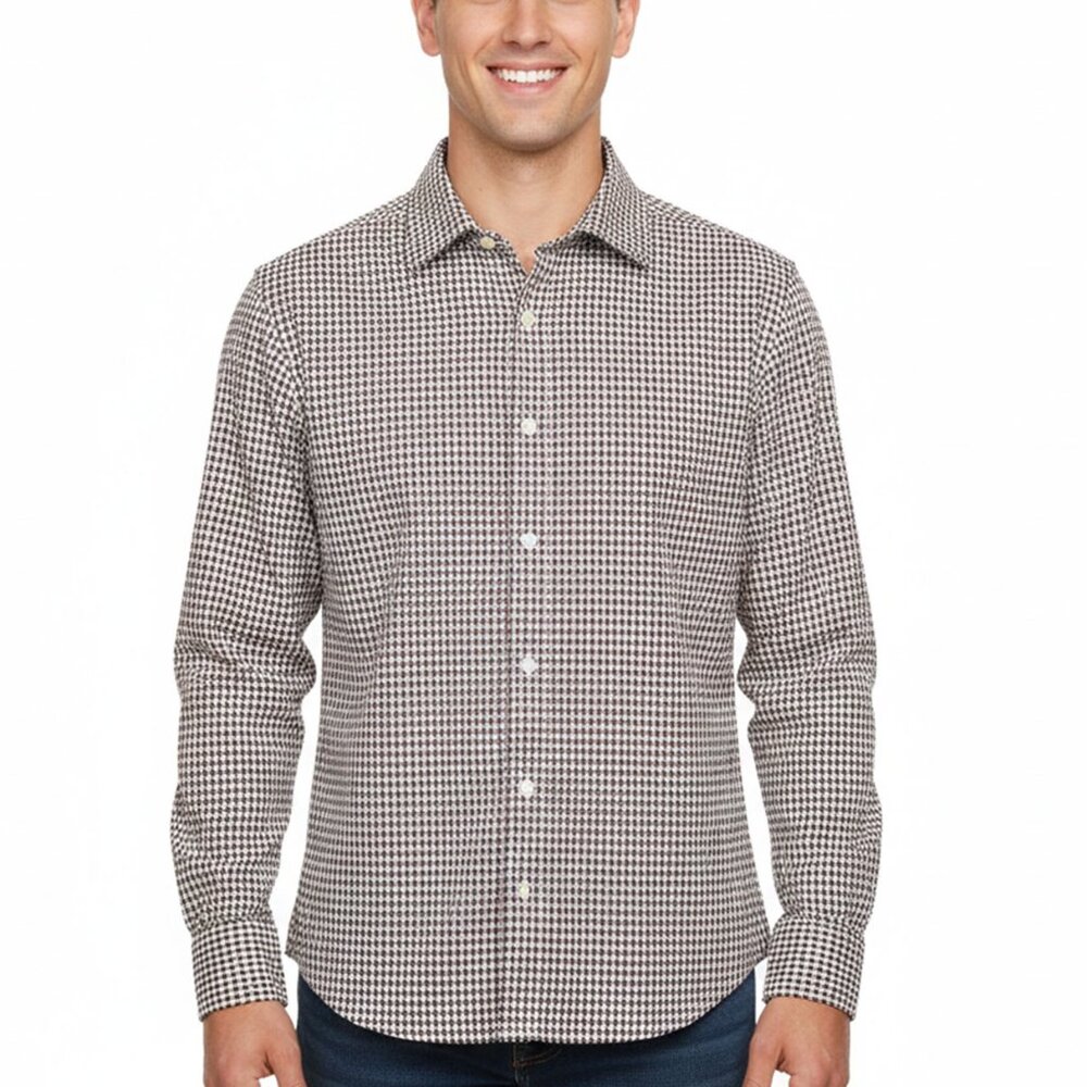 Vintage Michael Kors Men's Brown & White Houndstooth 100% Cotton Dress Shirt